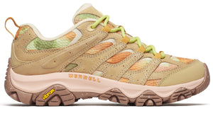 Low-rise tan hiking shoe with green and orange abstract designs, yellow laces, and tan speckled soles with a yellow vibram logo.