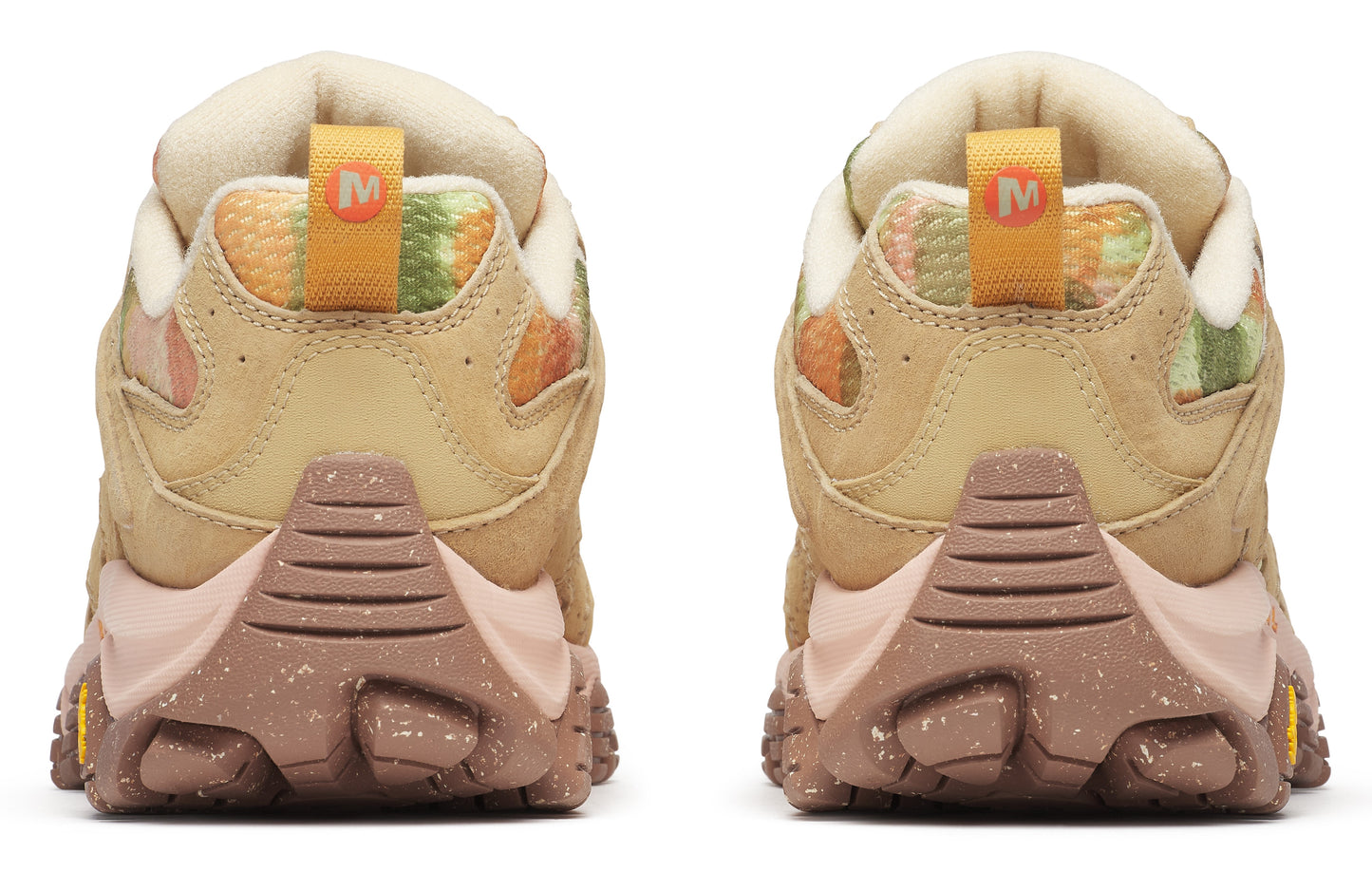 A pair of running shoes with tan bodies, multi-colored heels, orange pull tabs, and brown soles.