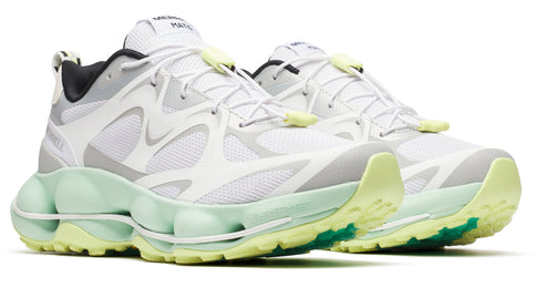 Pair of white and grey athletic shoes with light green soles.