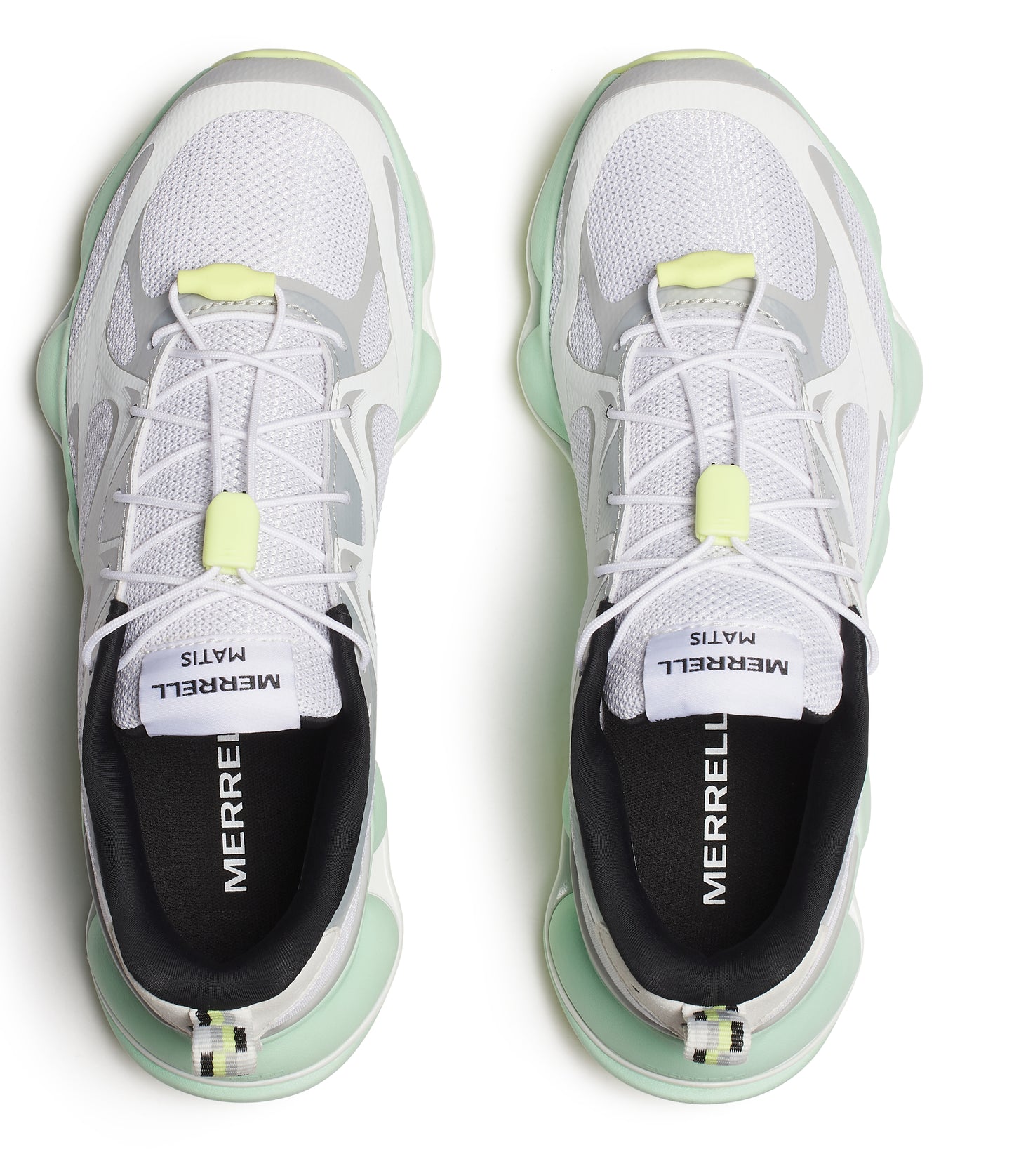 Overhead view of two mesh sneakers with bungee lacing, grey accents and a green outsole. "MERRELL MATIS" text is visible.
