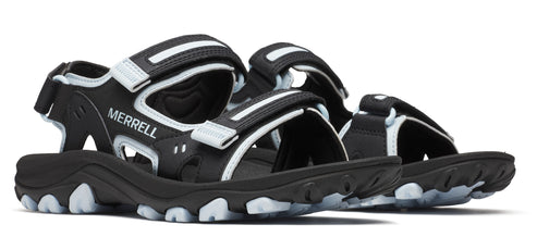 Pair of black sport sandals with adjustable straps and white accents.