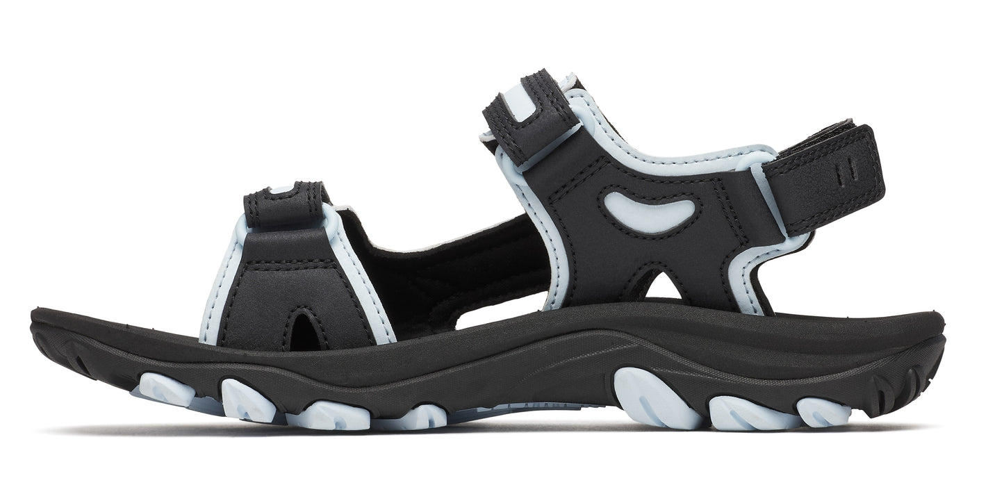 A black sandal with three velcro straps and a light blue trim.