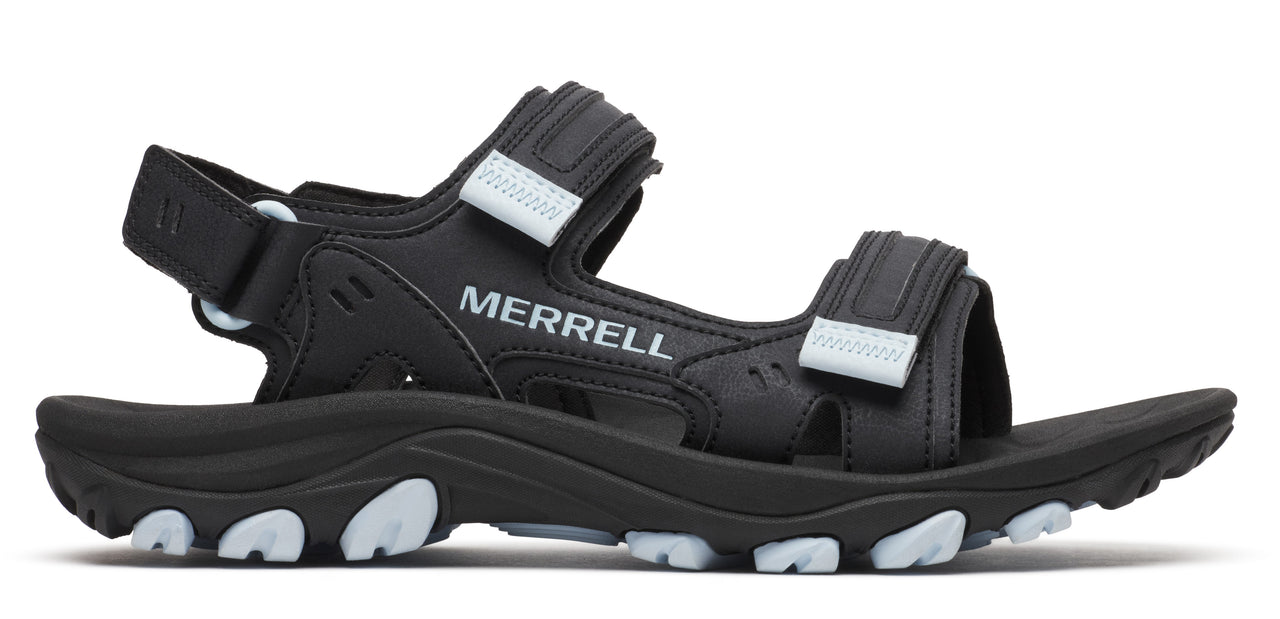 A black sandal with white accents and "MERRELL" printed on the side.