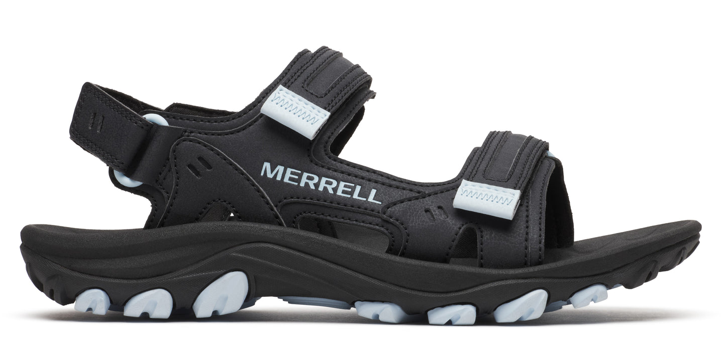 A black sandal with white accents and "MERRELL" printed on the side.