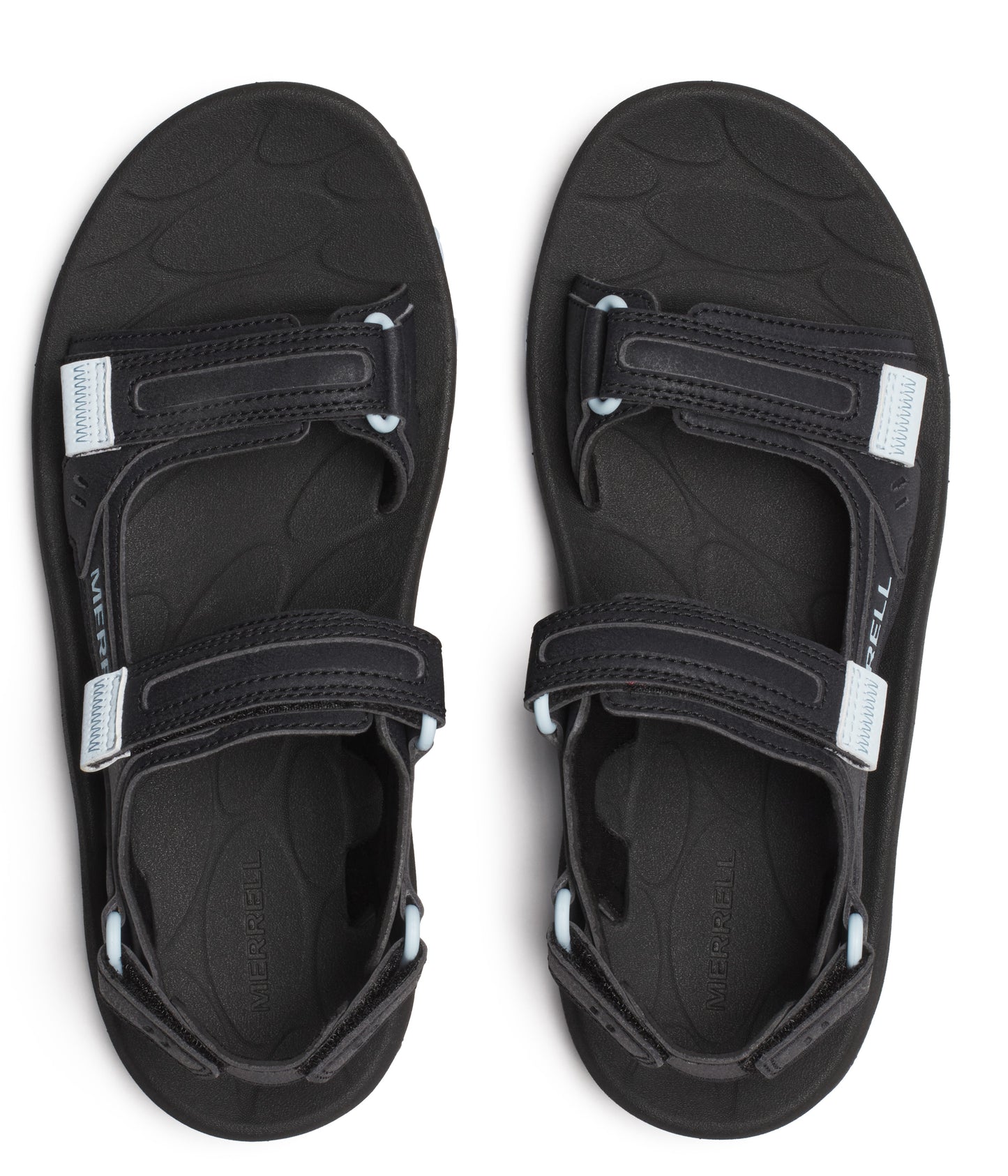 Pair of black sandals with three adjustable straps and light blue accents.