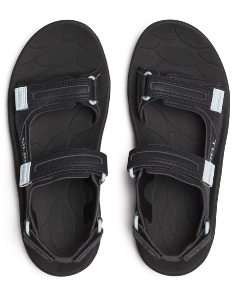 Pair of black sandals with three adjustable straps and light blue accents.