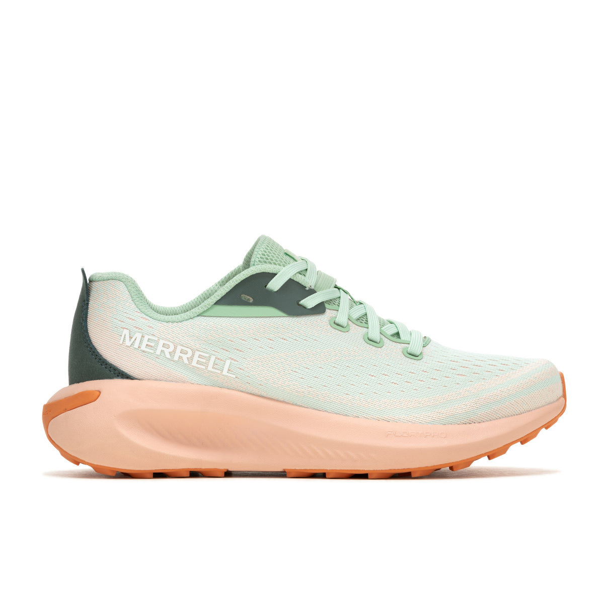 A light green running shoe with an peach-colored sole and dark green heel. The word "MERRELL" is printed in white letters on the shoe.