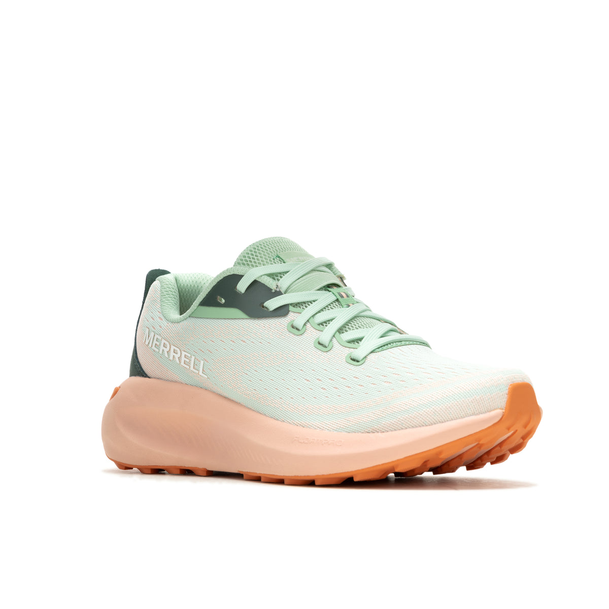 Light green athletic shoe with the text MERRELL on the side.