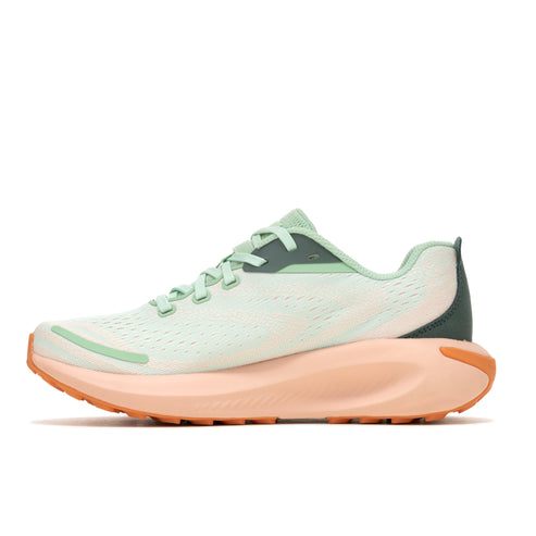 Mint-green running shoe with peach-colored sole.
