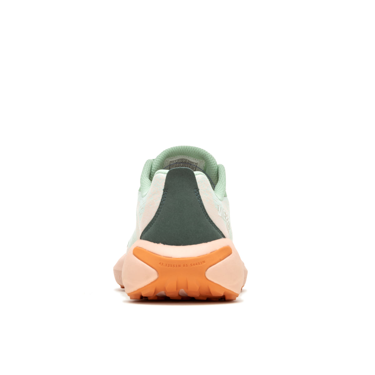 Trail running shoe's rear view: white and light green upper, dark green heel, peach-colored midsole and outsole.