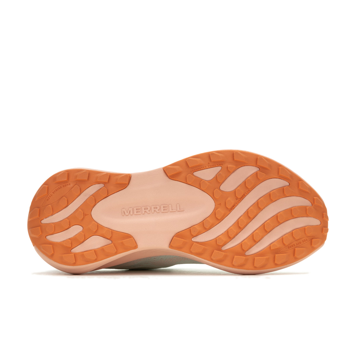 Orange sole of a shoe with MERRELL text.