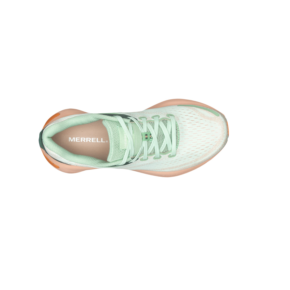 Top-down view of a light green and orange running shoe with the word MERRELL on the inner sole.