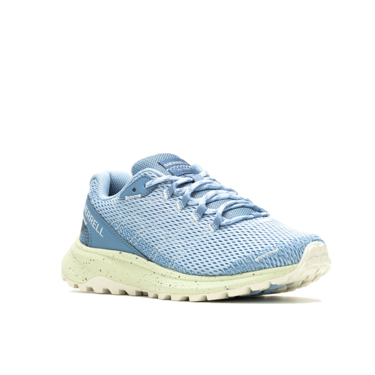 Blue running shoe with a light green speckled sole.