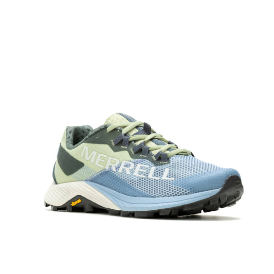 A running shoe with a blue and green color scheme and the word "MERRELL" printed on the side.