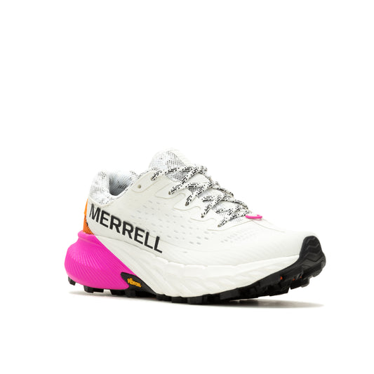 White running shoe with a pink heel and black Vibram sole and the word MERRELL printed on the side.