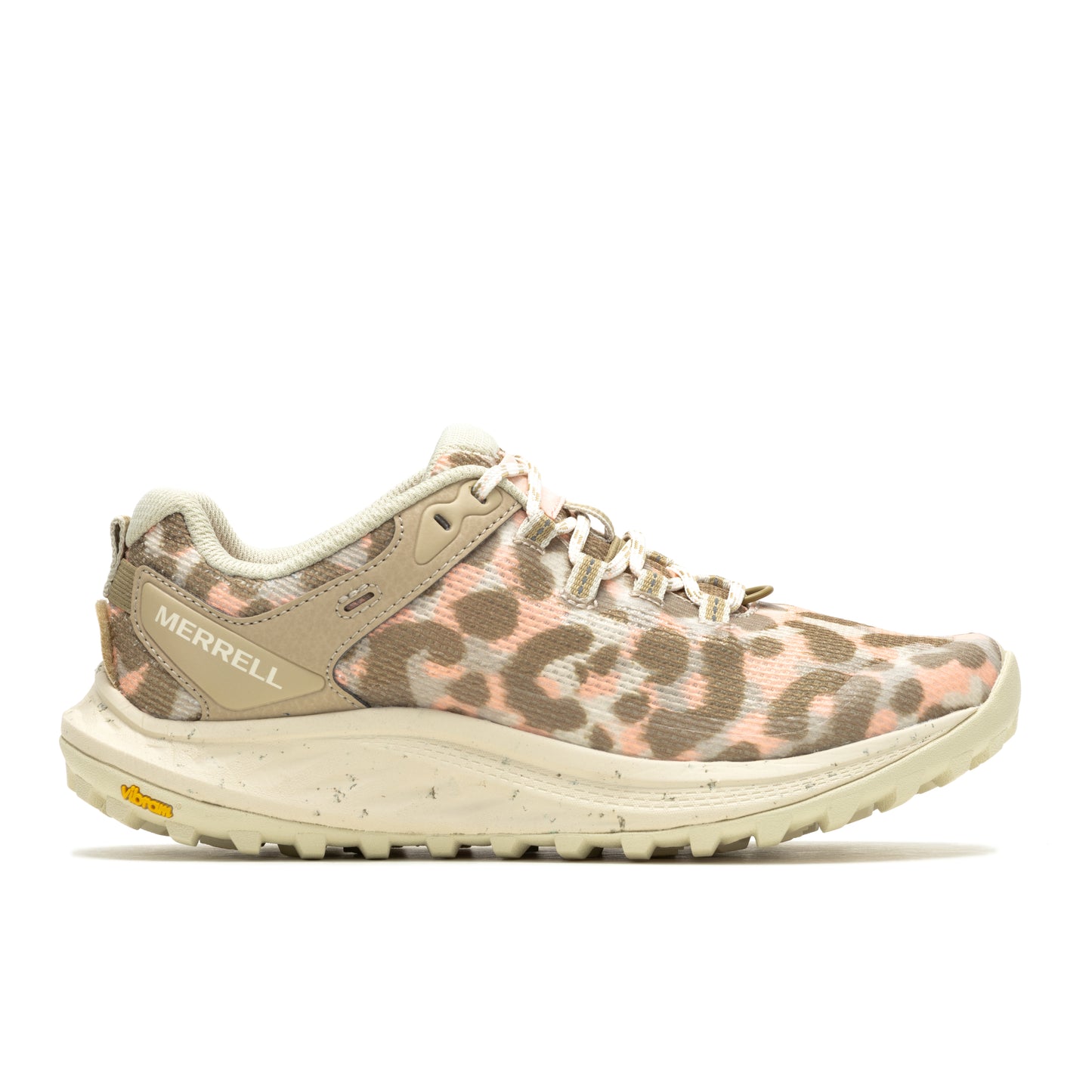Tan running shoe with pink and brown cheetah spots and white laces.