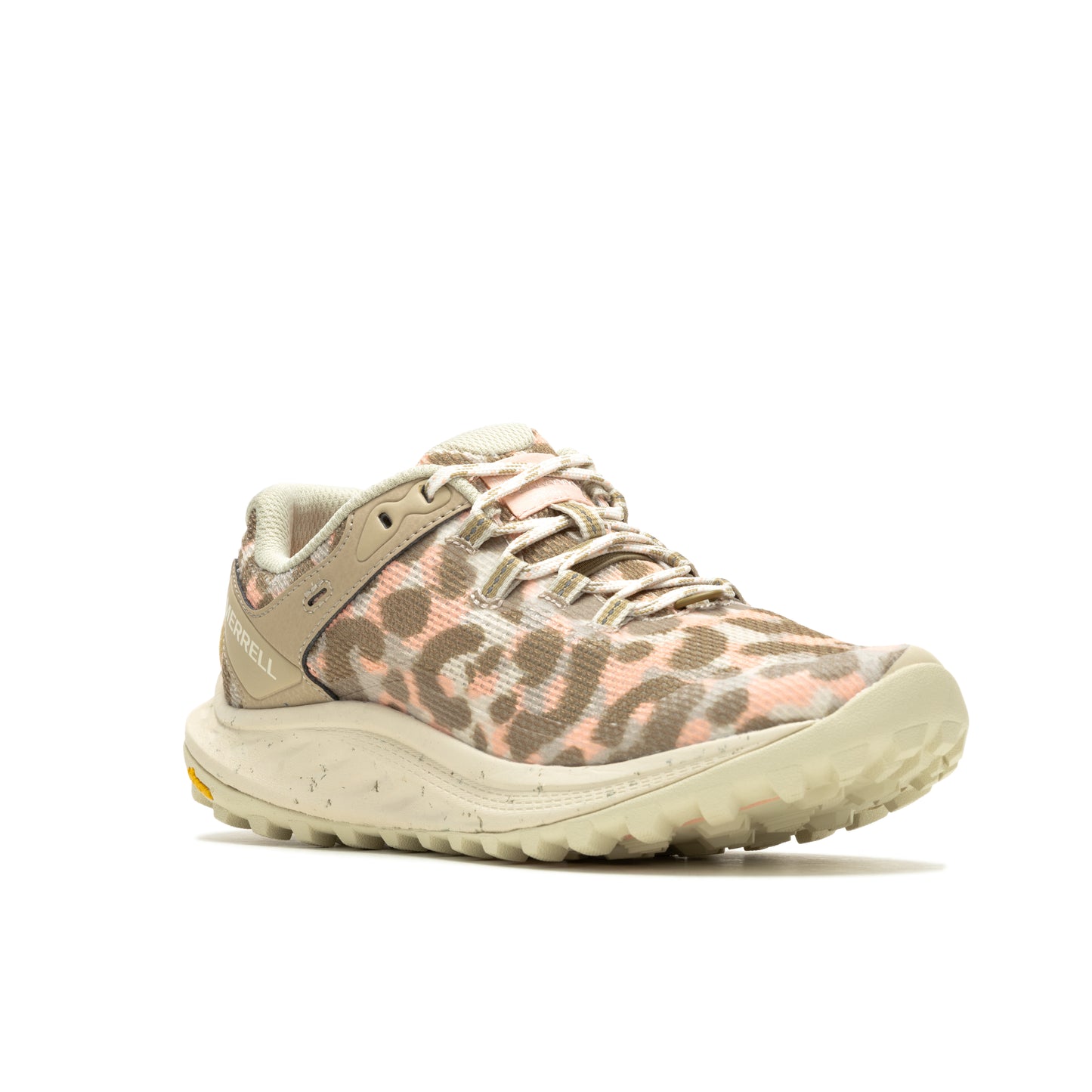 Tan and light pink leopard print running shoe with off-white soles and laces.