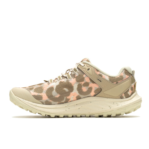 Tan and brown cheetah print running shoe with beige soles.