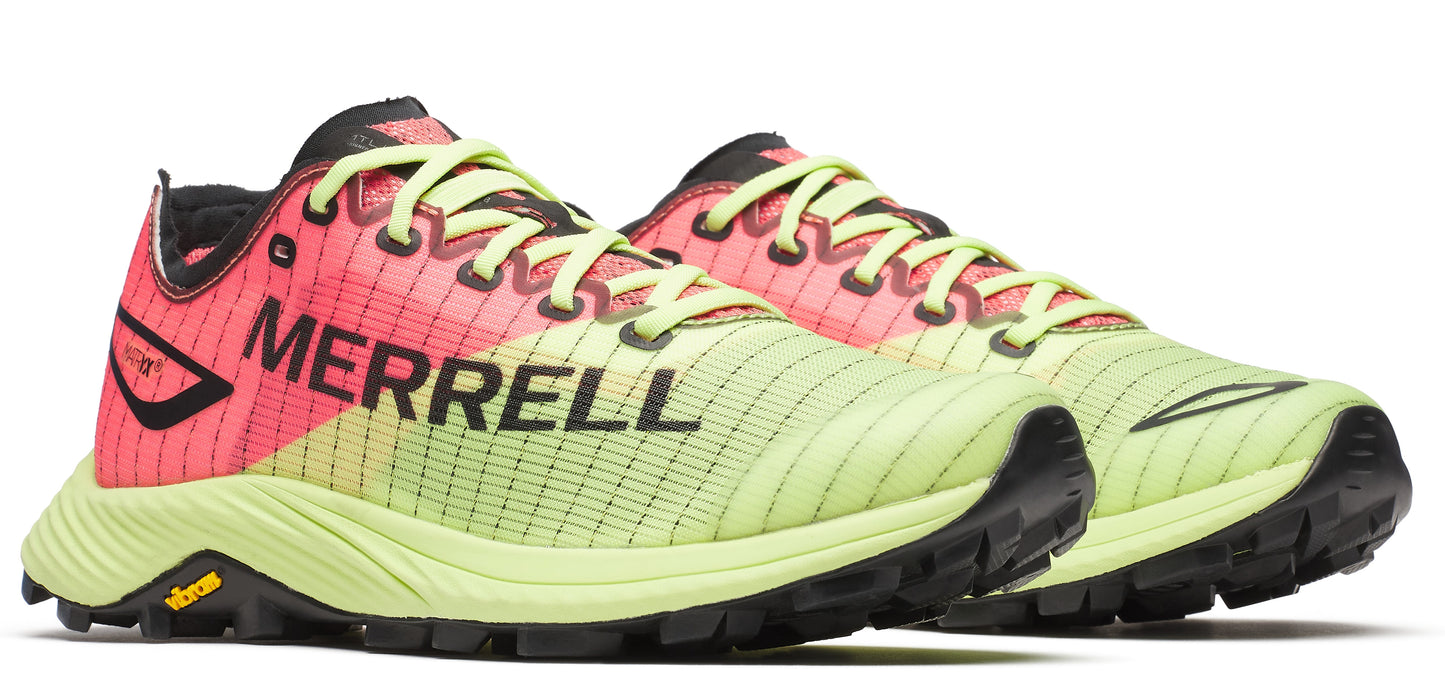 Pair of running shoes with pink heels and lime green toes and soles. The word MERRELL is on the side.