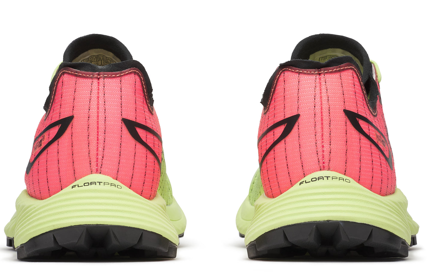 Pair of running shoes, rear view: black sole, light-green midsole with text "FLOATPRO", vertical pink/red stripes with black logo on upper heel.