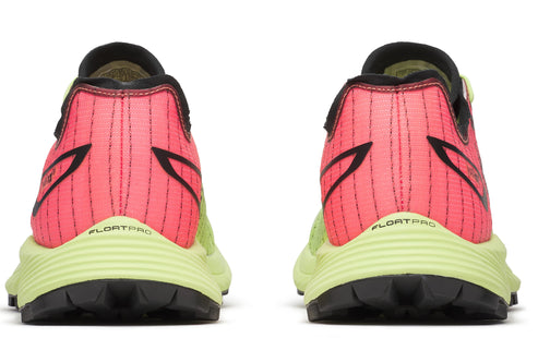 Pair of running shoes, rear view: black sole, light-green midsole with text "FLOATPRO", vertical pink/red stripes with black logo on upper heel.