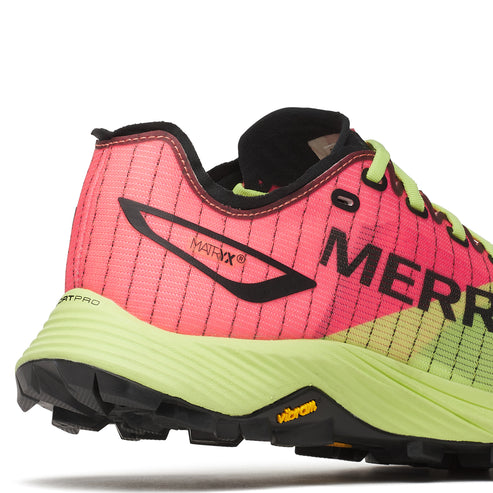 Close-up of a pink, black, and green athletic shoe with the word MERR and MATRIX visible.