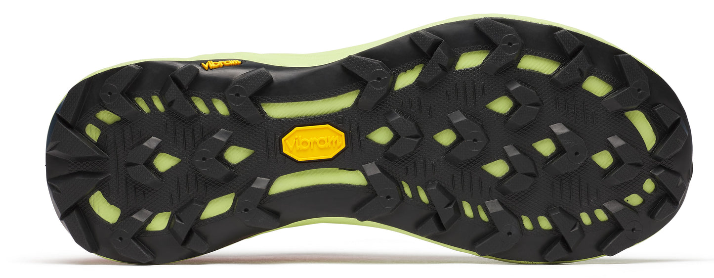 A bottom view of a shoe with a black sole and yellow tread pattern.