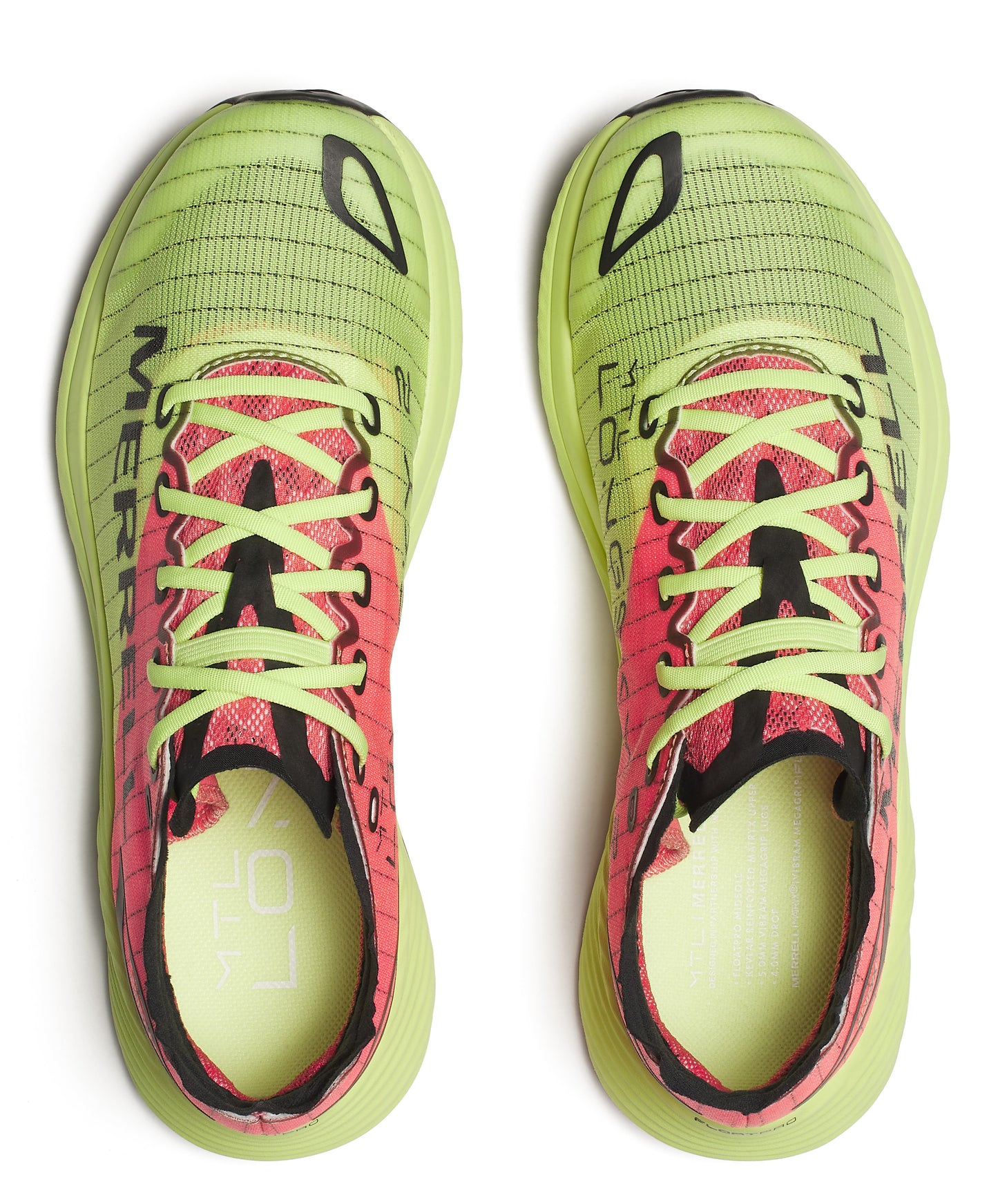 Top-down view of lime green athletic shoes with pink and black accents and printed text.