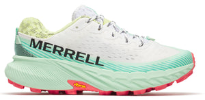 A white running shoe with the word MERRELL in black on its side.