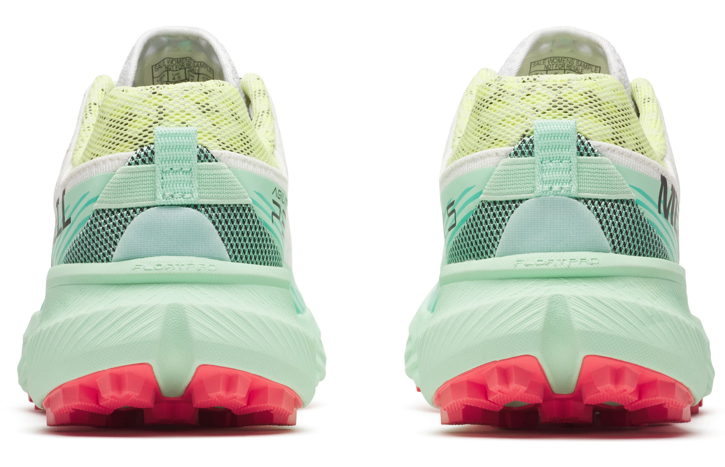 Rear view of mint and pink running shoes showing textured heel.