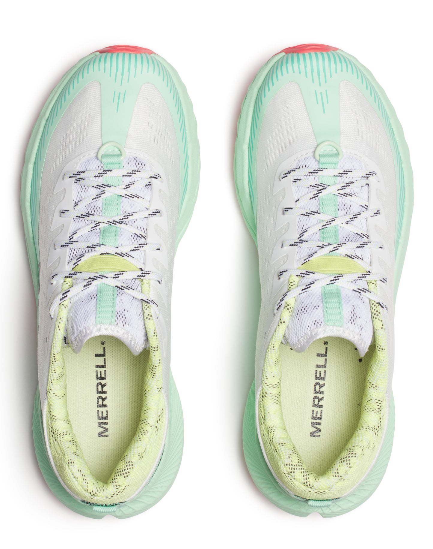 Top-down view of two athletic shoes with white uppers, patterned laces, light green soles, and “MERRELL” printed on the insoles.