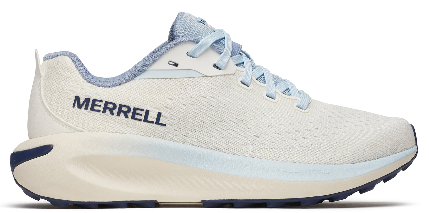 A running shoe in light beige and navy blue, with "MERRELL" printed on the side.