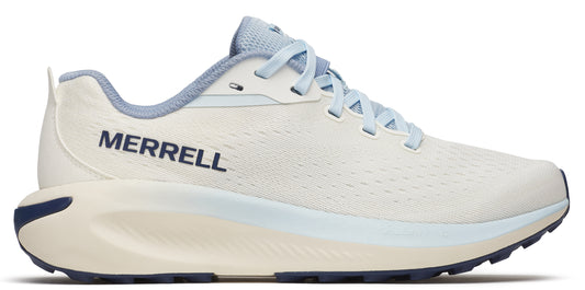 A running shoe in light beige and navy blue, with "MERRELL" printed on the side.