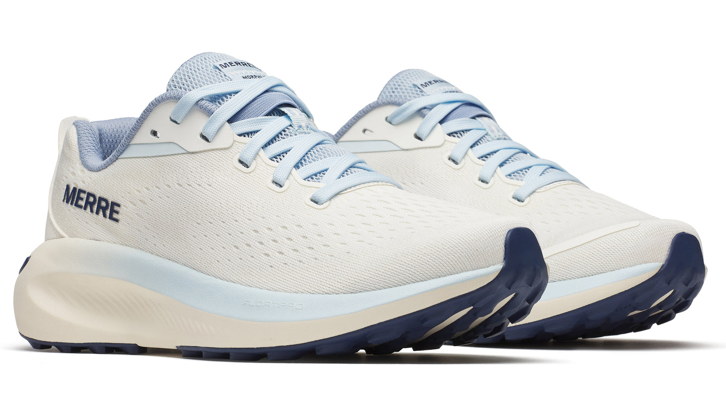 Pair of athletic shoes, white with blue laces and sole, text on the side reads 'MERRE'