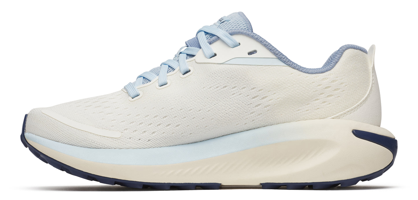 A running shoe with a white upper, light blue laces, and a thick beige and blue sole.