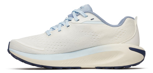 A running shoe with a white upper, light blue laces, and a thick beige and blue sole.