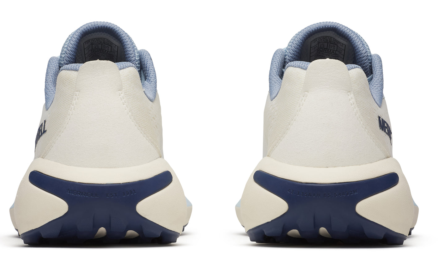 Two rear views of off-white sneakers with navy blue soles and light blue trim.