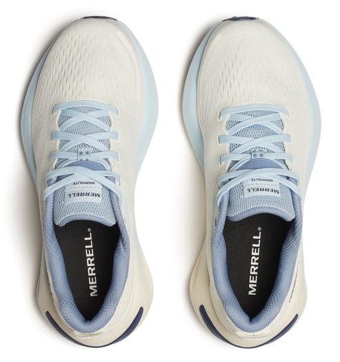 A pair of white running shoes with blue laces and accents, featuring "MERRELL" printed on the insole and tongue.