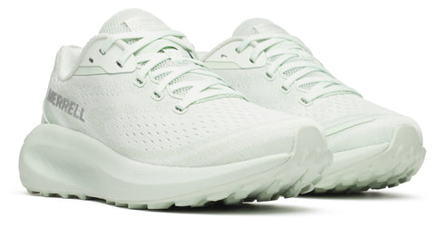 Pair of light green running shoes with 'MERRELL' on the side