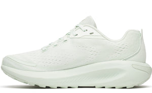 A side-profile view of a running shoe that is all-white with a thick sole and a mesh upper.