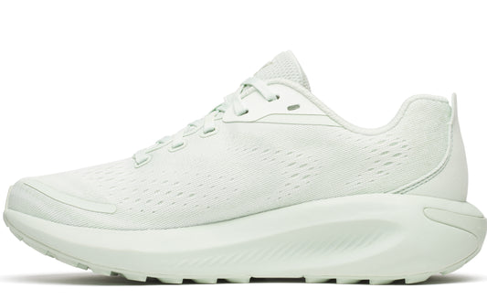A side-profile view of a running shoe that is all-white with a thick sole and a mesh upper.