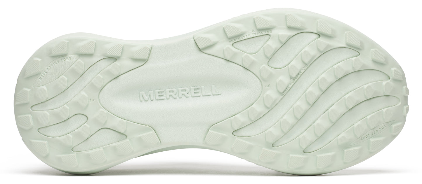 A close-up of a shoe's outsole reveals a textured surface, with the word "MERRELL" prominently displayed in the center.