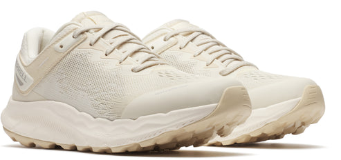 Pair of running shoes in a light tan color, featuring a mesh upper, lace-up closure, and a thick, textured sole.