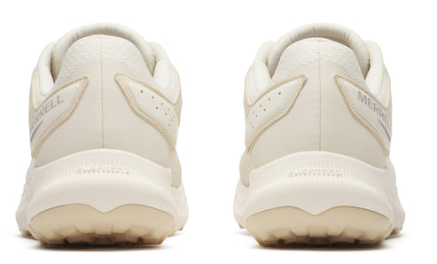 The backs of two identical off-white low-rise athletic shoes show the word MERRELL on the upper heel area.