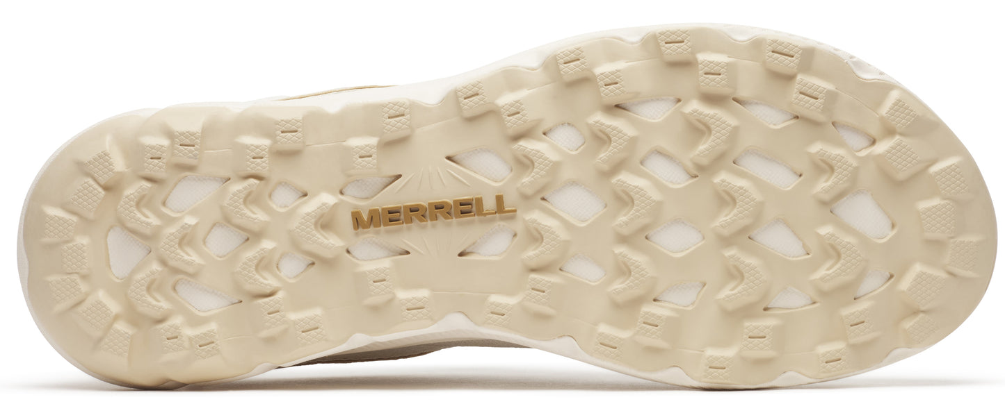 A beige and white shoe sole with the word MERRELL printed on it.
