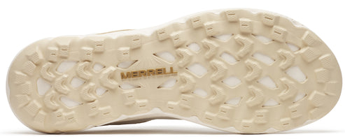 A beige and white shoe sole with the word MERRELL printed on it.