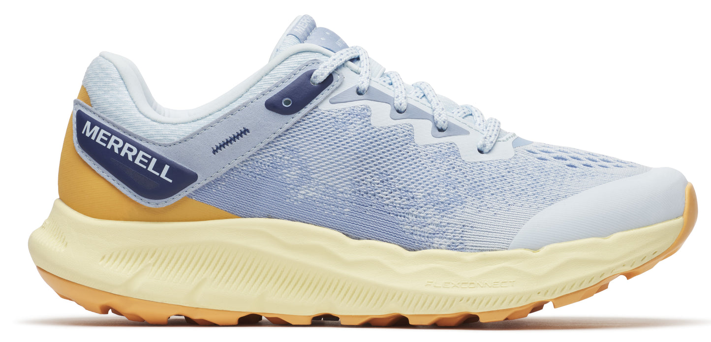 A light blue running shoe with yellow accents.