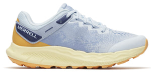 A light blue running shoe with yellow accents.