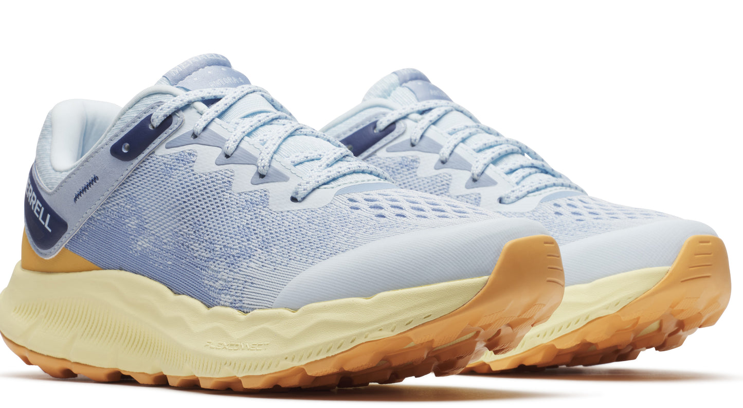 Pair of light blue athletic shoes with thick off-white and gum soles.