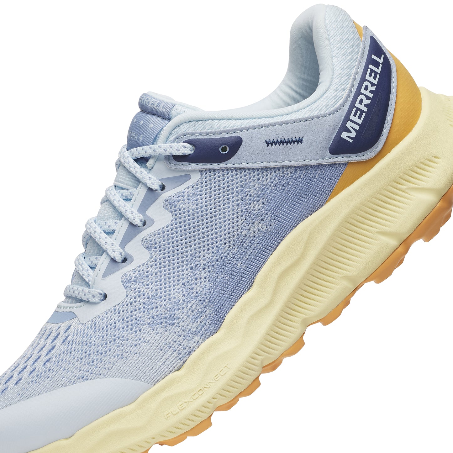A blue athletic shoe with the word MERRELL printed on it.